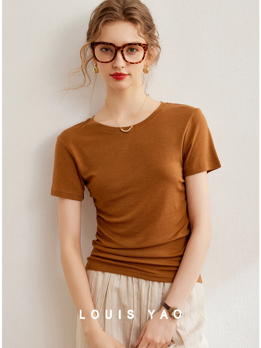 

LOUIS YAO Women T-shirt Casual O Neck Short Sleeve Slim Fit Basic Tee Solid Color 2024 Summer Pullover Top