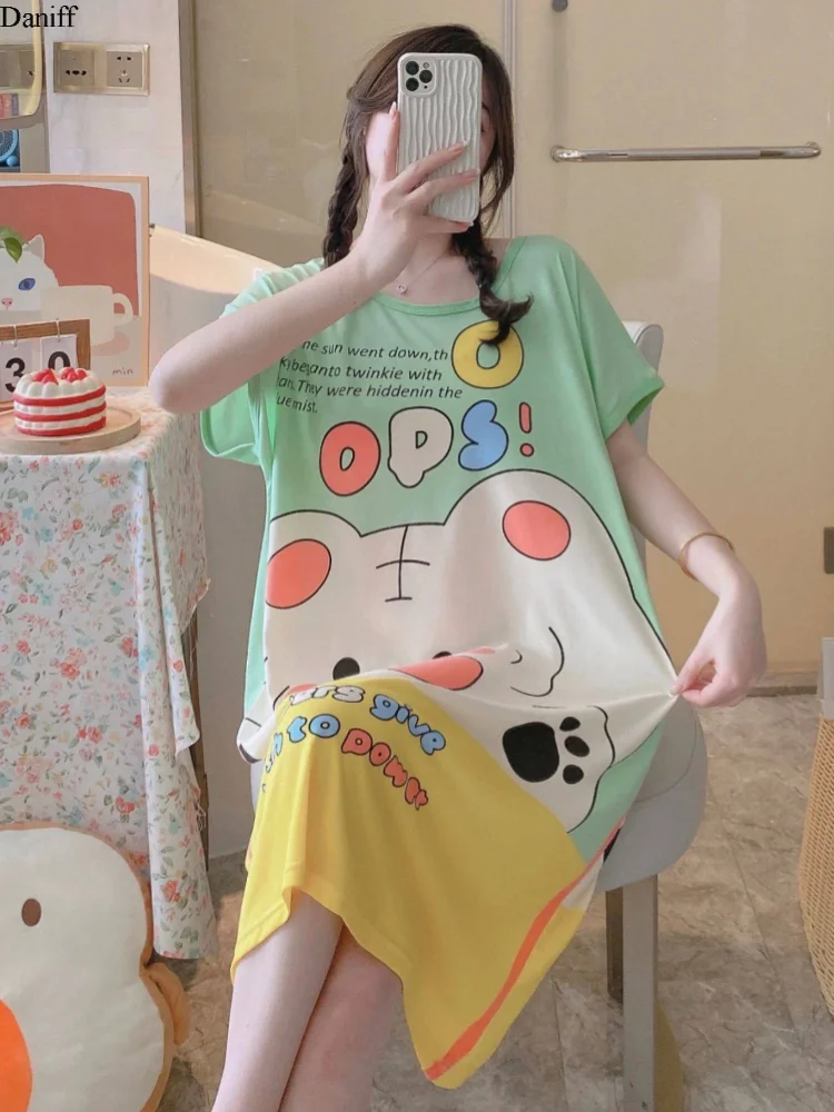 Camisón de Dibujos Animados para Mujer, Bonito y Moderno, Vestido Cómodo de Manga Corta, Ropa de Dormir de Poliéster, Talla Grande, Holgado