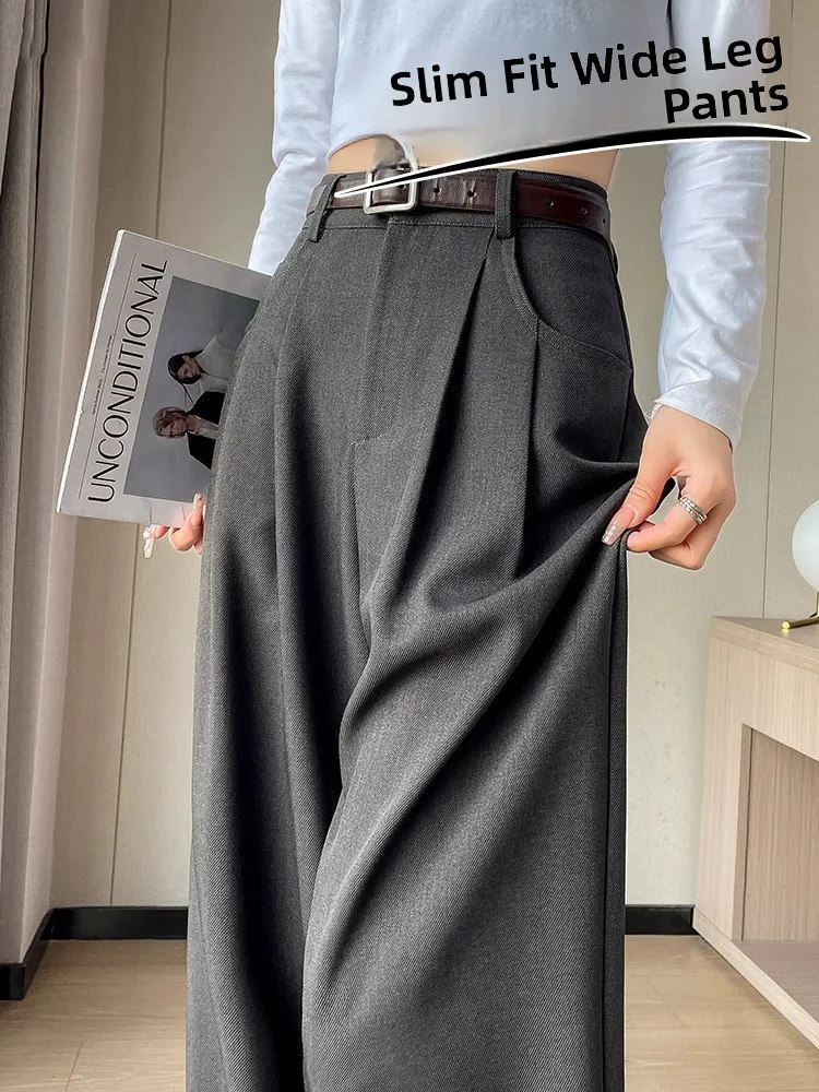 

Gray High Waist Wide Leg Suit Pants Women's Fashion Spring Autumn Slim Fit Drapey Small Stature Straight Floor Length Trousers