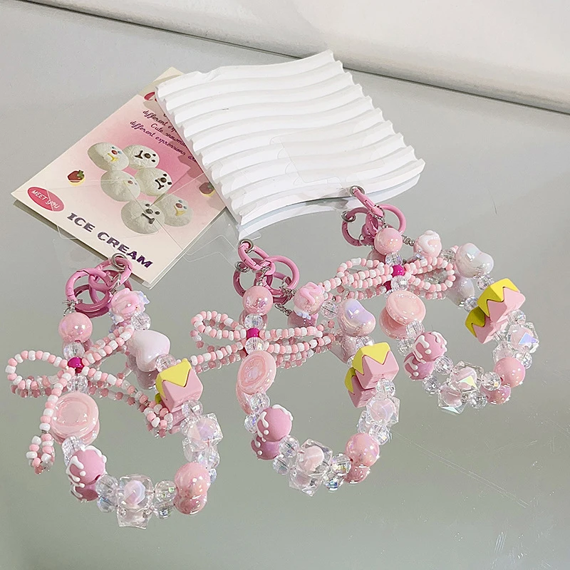 

Creative Pink Love Beaded Phone Lanyard Wristband Fashion Beads Mobile Phone Chain Keychain Phone Strap Earphone Camera Pendant