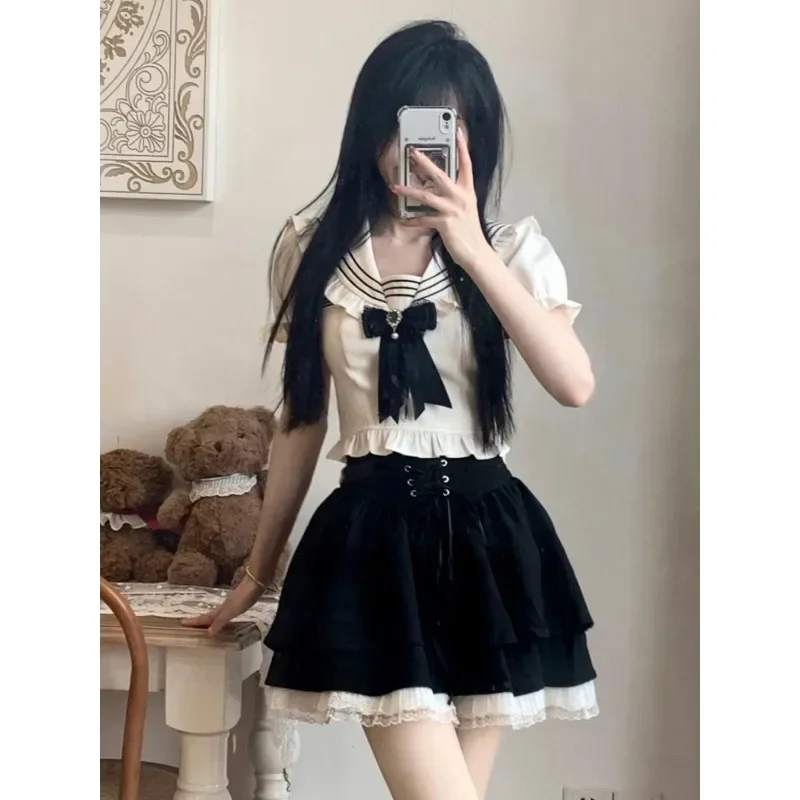 Dwuczęściowe zestawy damskie Navy Collar Bow Fungus Lace Top Tied Lace Black Sweet Skirt Set Cute Kawaii Suit Long Sleeve