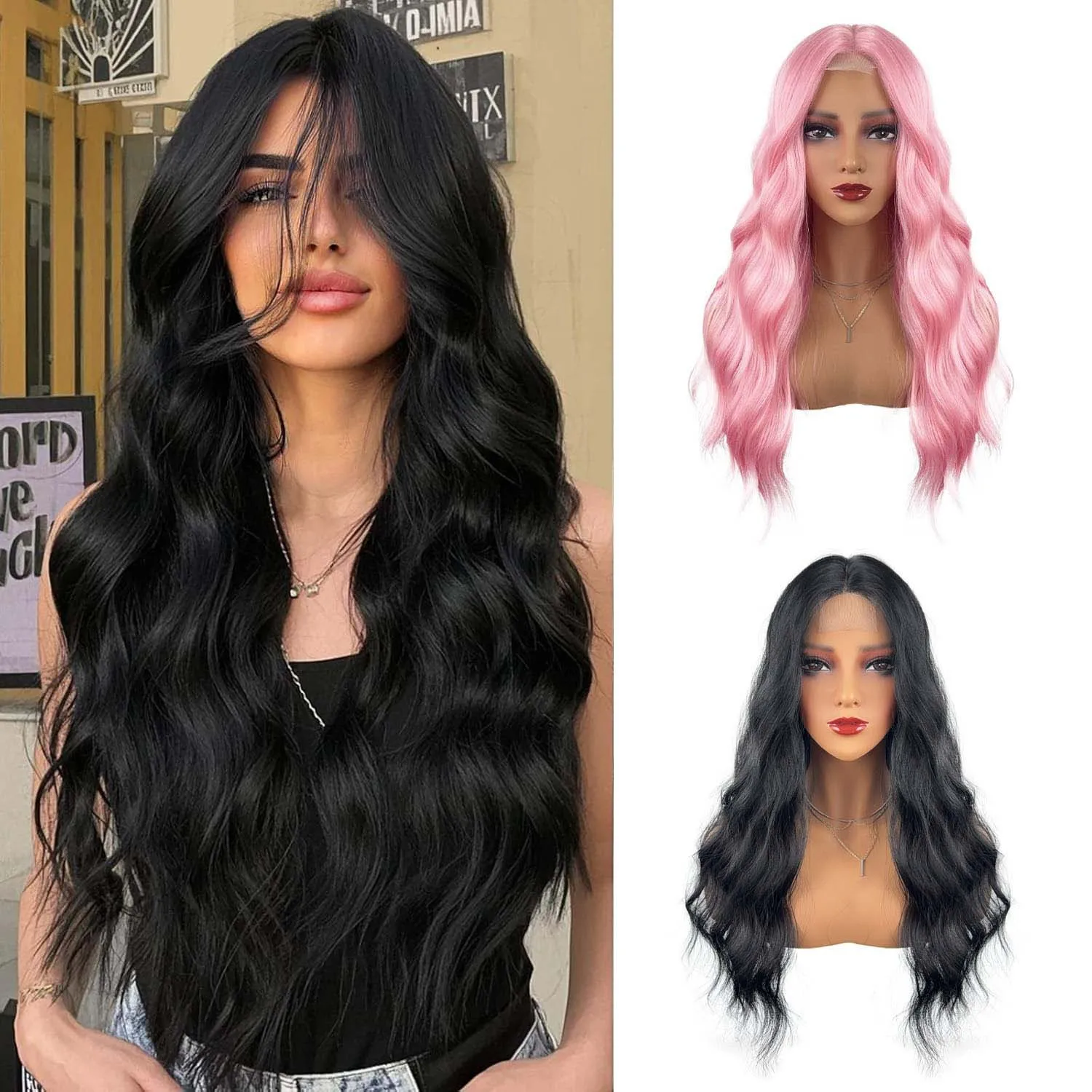 Women Middle Part Corn Perm Big Wave Lace Scalp Simulation Wig Pink Black Long Shoulder Length Wig for Women Daily Fashion