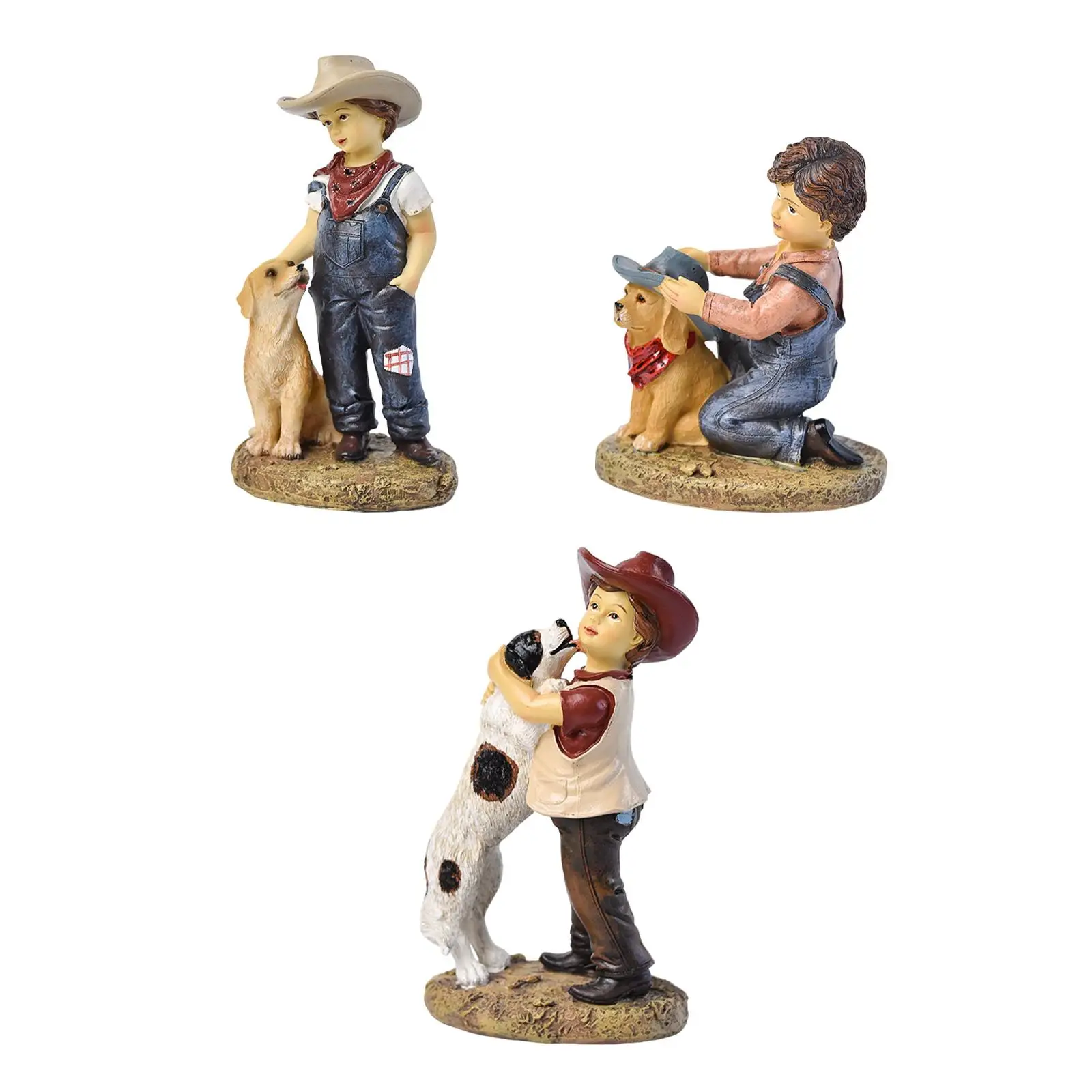 Boy and Dog Statue Standing Cute Gift Centerpiece for Bookcase Tabletop Home