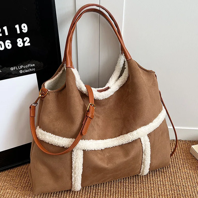 

Fashion Large Capacity Winter Tote High Class Matte Suede Wool Women Handbag Suede Lamb Wool Patchwork Shoulder Crossbody Bag ﻿