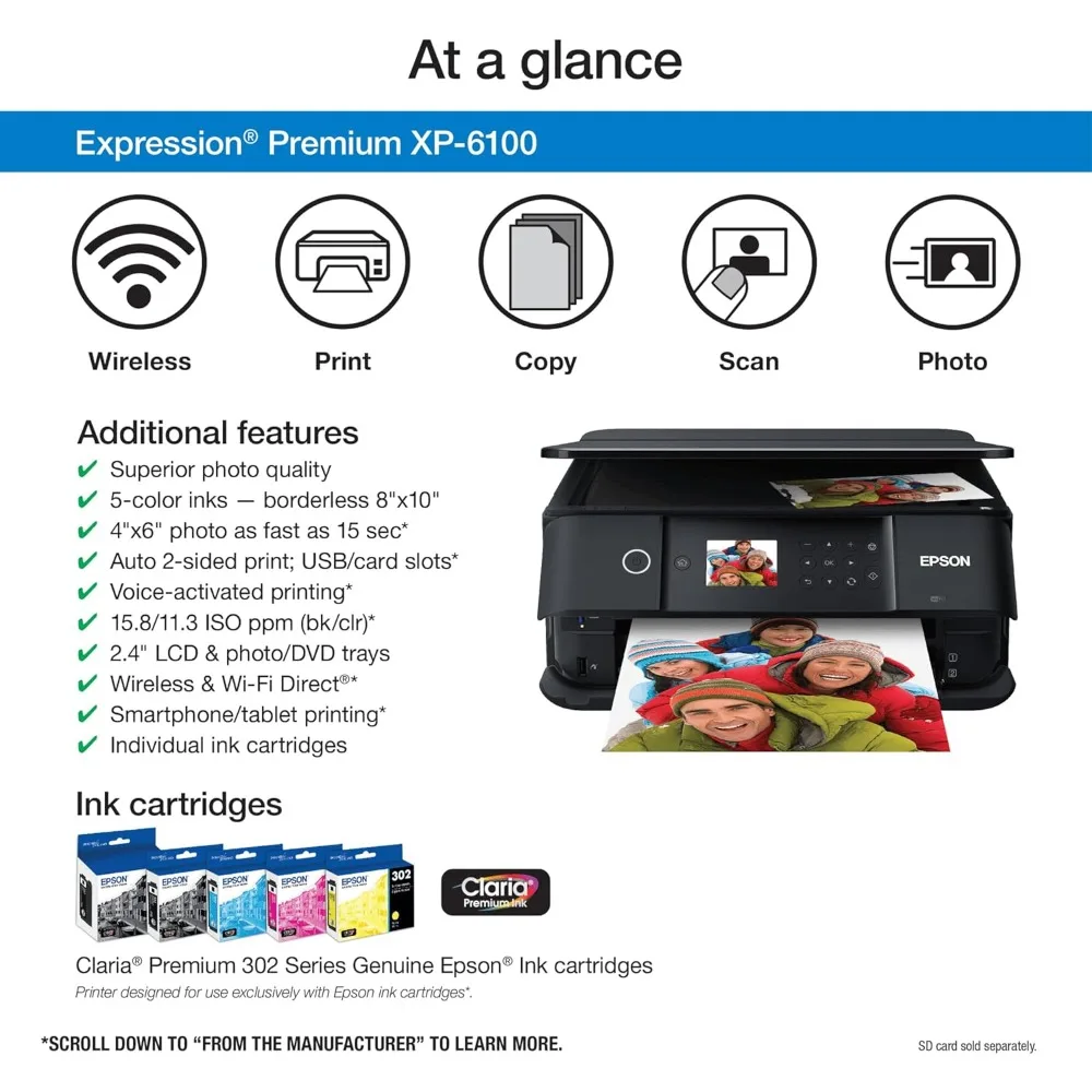 Expression Premium XP-6100 Wireless Color Photo Printer with Scanner and Copier, Black, Medium