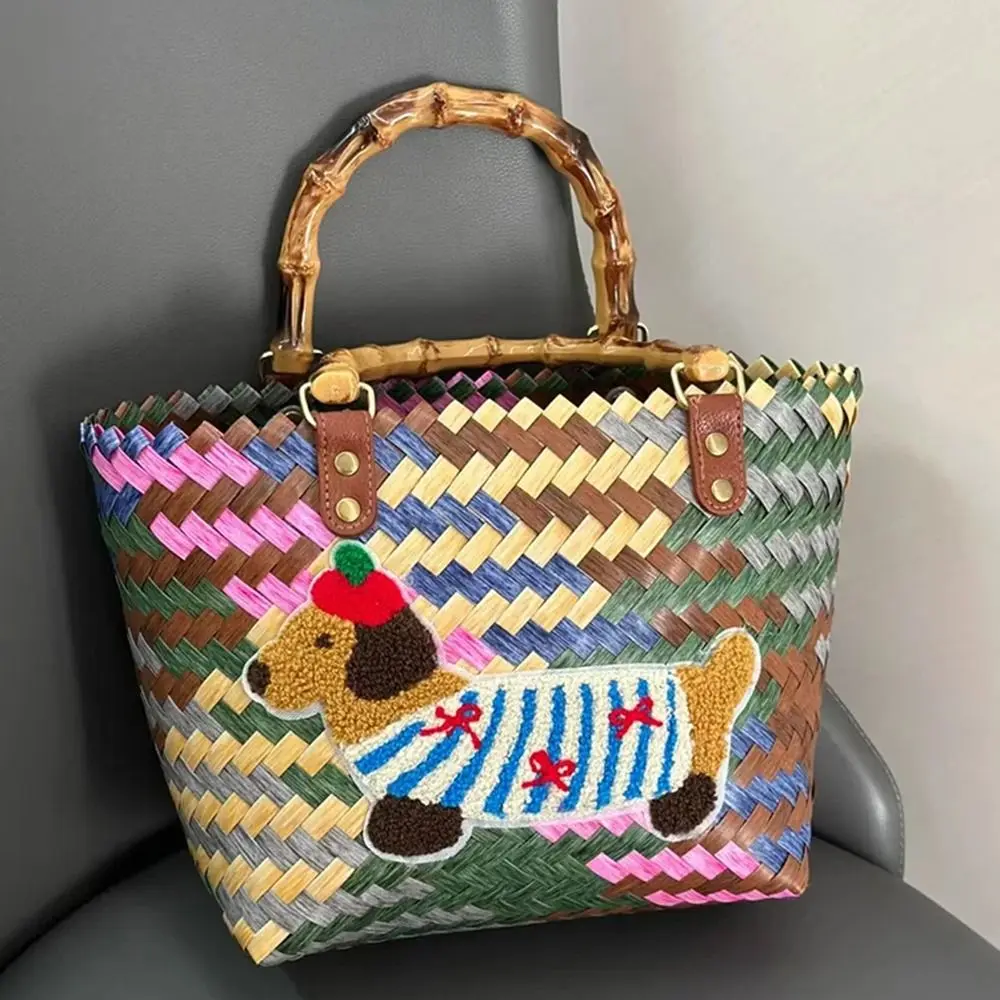 

Creative Retro Striped Woven Bag Puppy Pattern Handheld Weave Tote Bag Vintage INS Summer Women's Handbag Casual Shopping
