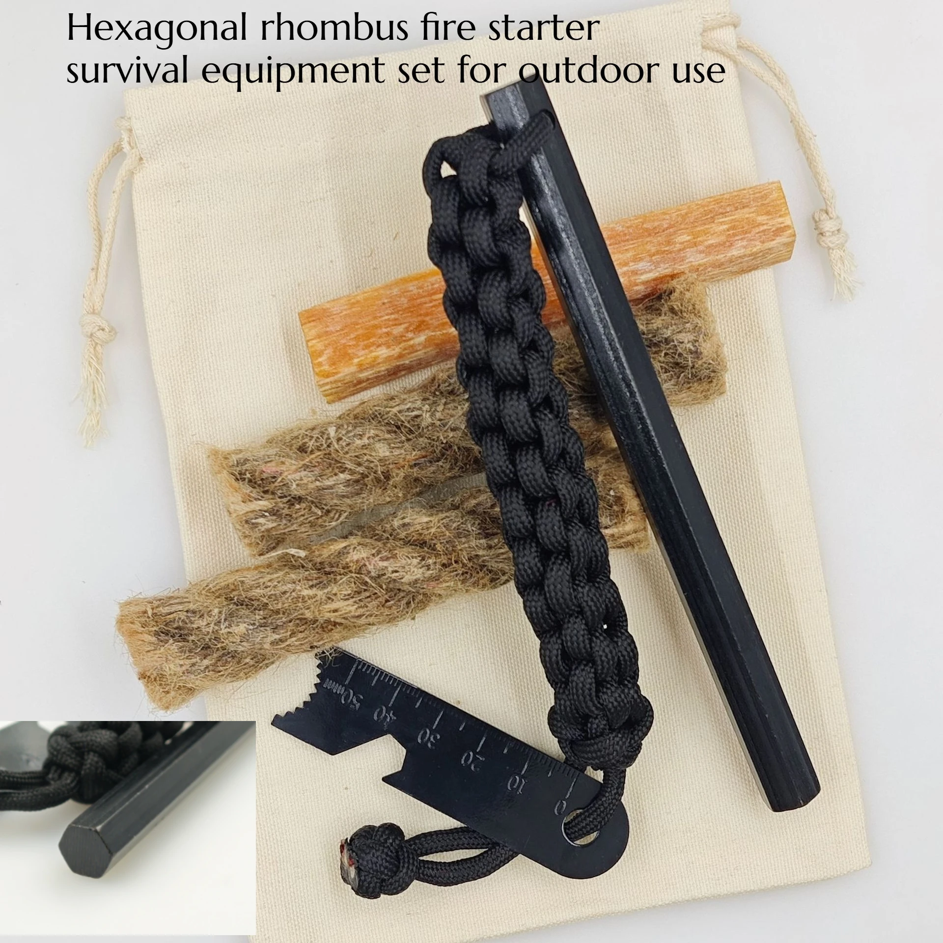 

Hexagonal Rhombus Fire Starter Outdoor Camping Survival tool Fire Starter Stone Umbrella Rope Scraper Woven Magnesium Rod Set
