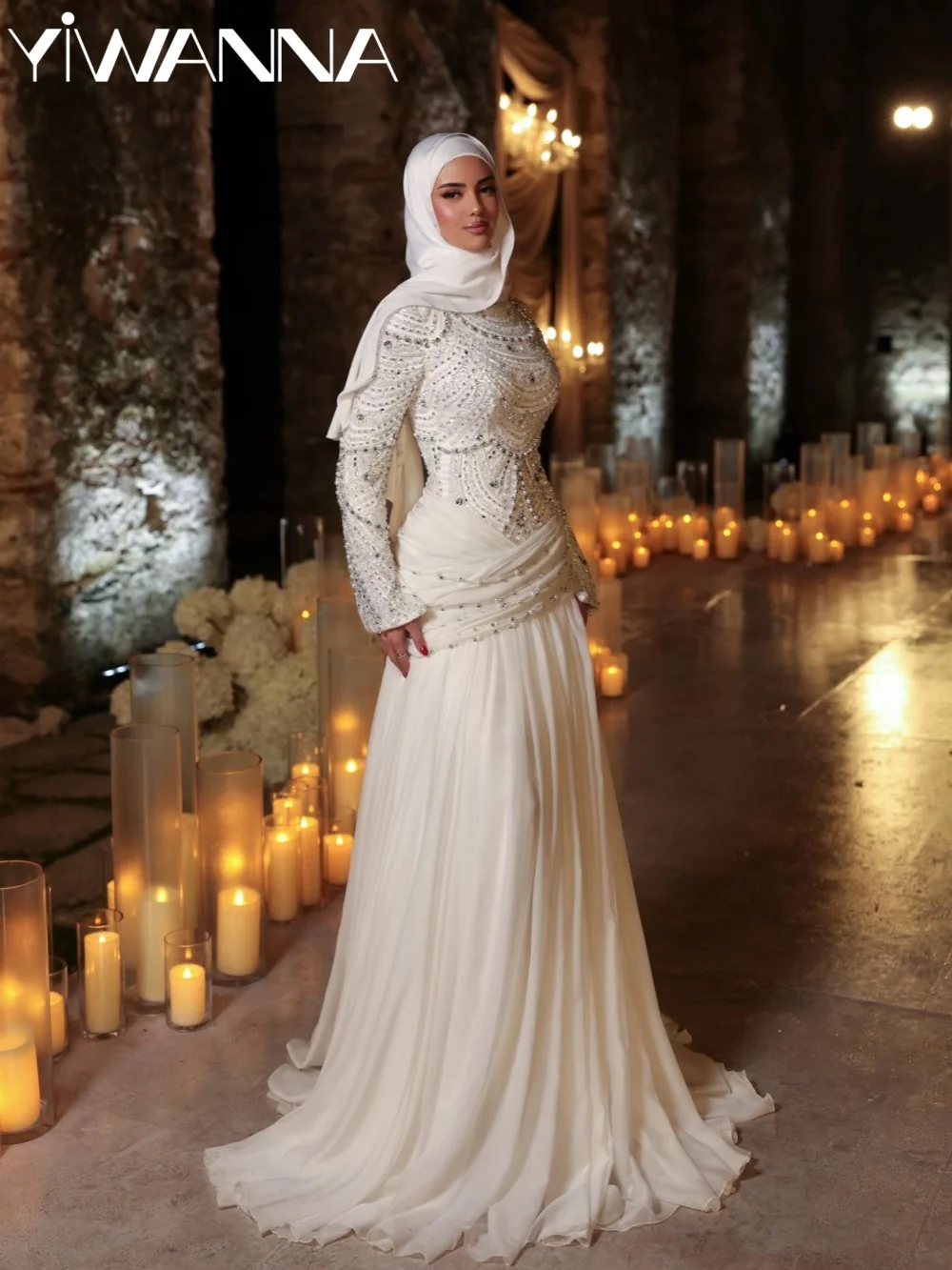 

Arabric Shinny Pearls Crystal Wedding Dress Modest High Collar Long Sleeve Bridal Gown Customized Dreamy Dresses For Bride