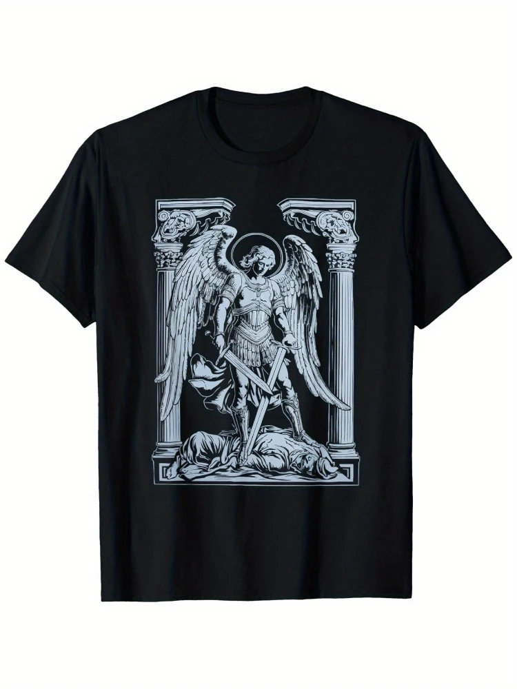 Archangel Catholic Guardian Angel Graphic Religious Christian Design with Sword&Staff-100% cotton O-neck printed men's T-shirt.