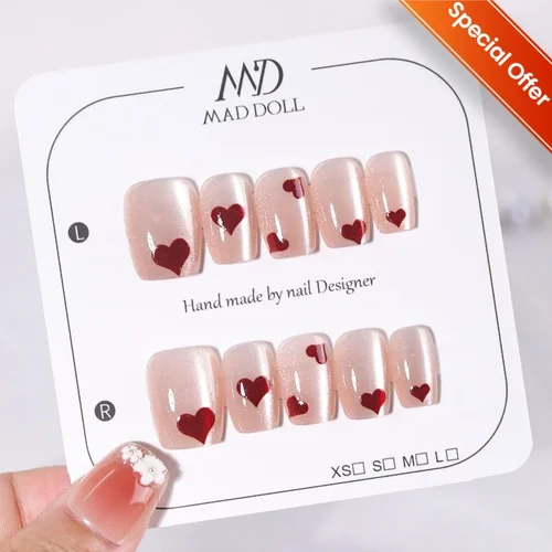 10 Uds. De uñas postizas acrílicas con diseño en forma de corazón, cubierta completa bonita, puntas de uñas usables para chica dulce