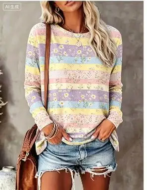 Women Long Sleeve T‑Shirt Pastel Patchwork Hydrangea Floral Print Crew Neck Loose Casual Daily Tops view 4