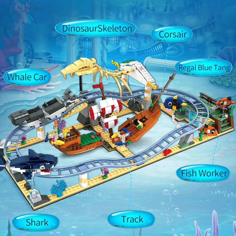 773 ชิ้น Undersea Ocean Roller Coaster ผจญภัย Building Blocks ชุดสัตว์ทะเลเมืองสวนสนุกของเล่นสําหรับของขวัญเด็ก