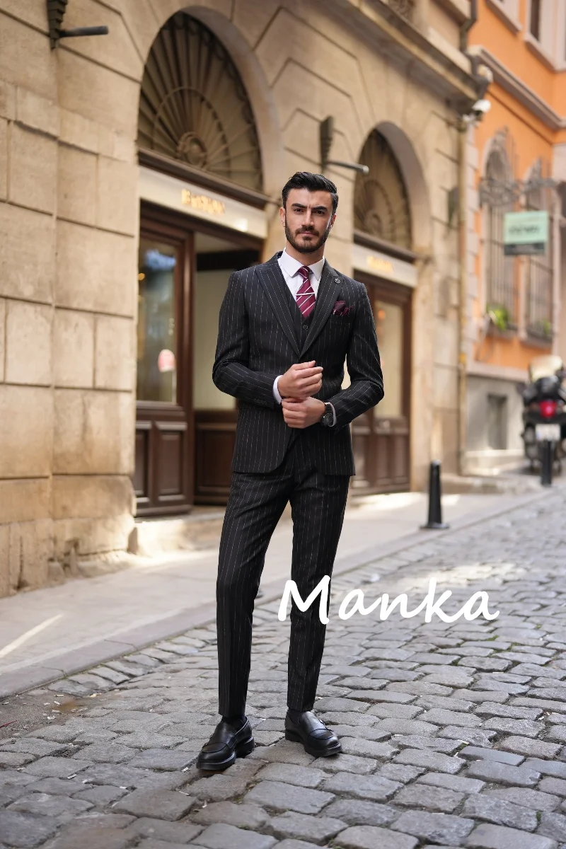 Terno listrado preto clássico masculino, noivo de casamento, blazer, colete, calças, negócios formais, ternos masculinos de escritório, 3 peças