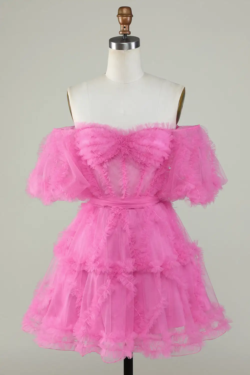 Minivestido de graduación con hombros descubiertos para Adolescente, traje de princesa escalonado de manga corta con escote Corazón, brillante, novedad de 2024