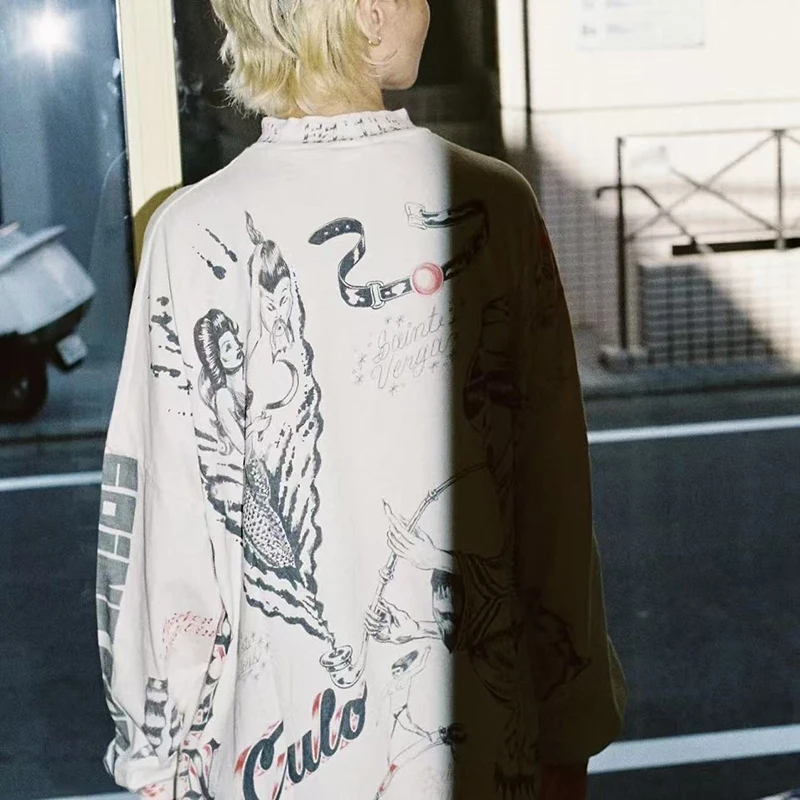 

Good Quality 25ss SAINT White Sleeve Print Fashion Men Women Cotton Japan Style Vintage American Style T-Shirt