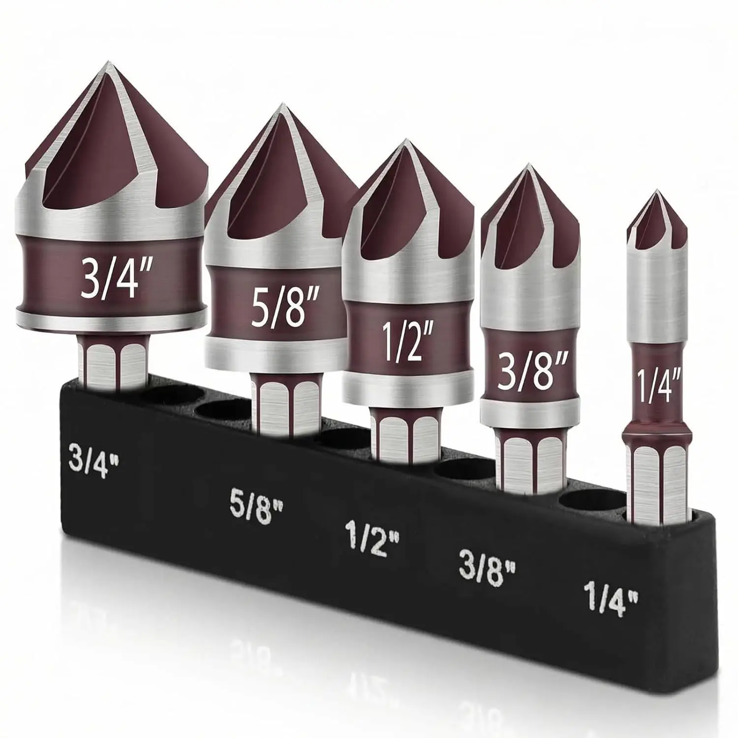 

5PCS 82° HSS Countersink Drill Bit Set, 1/4"-3/4" Hex Shank for Wood Metal Plastic