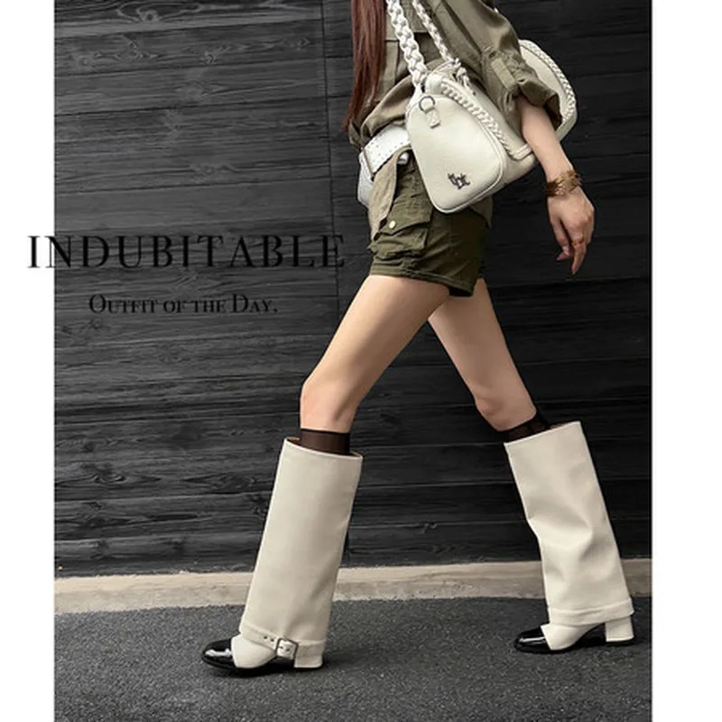 Women Patchwork Knee High Boots Square Toe Buckle Slip On 5.5CM Block Heel Coated Split Cow Leather TPR Sole Pigskin F159