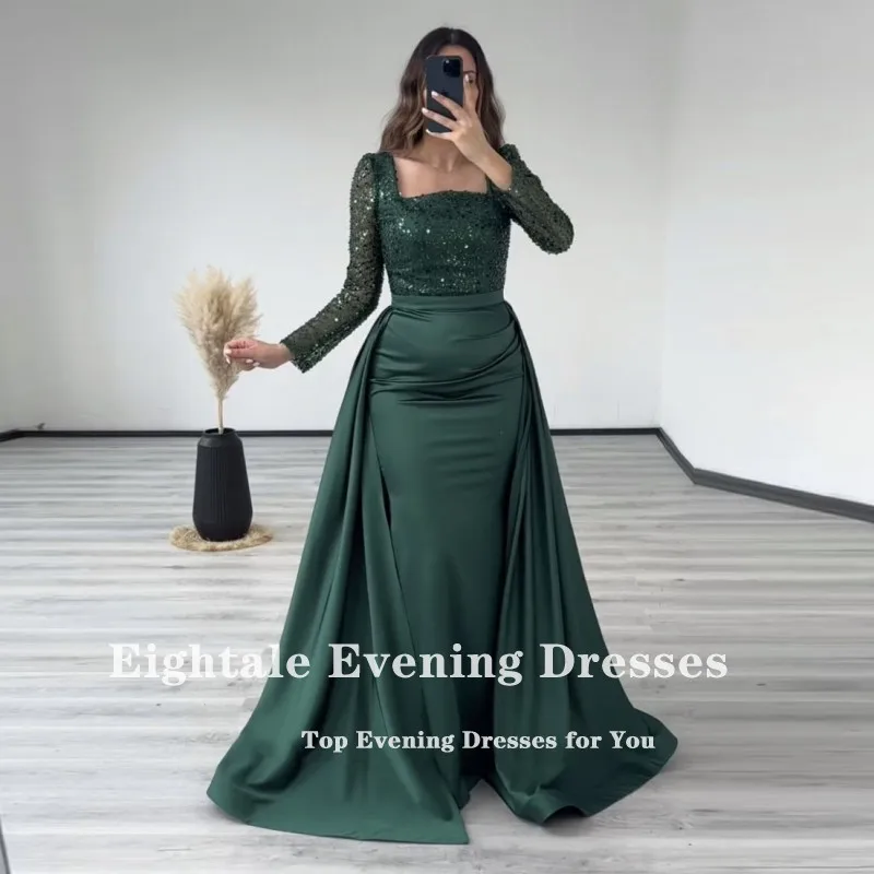 Eightale Dark Green Evening Dresses Mermaid Long Sleeves Sequined Customized Prom Gown with Detachable Skirt Party Abendkleider