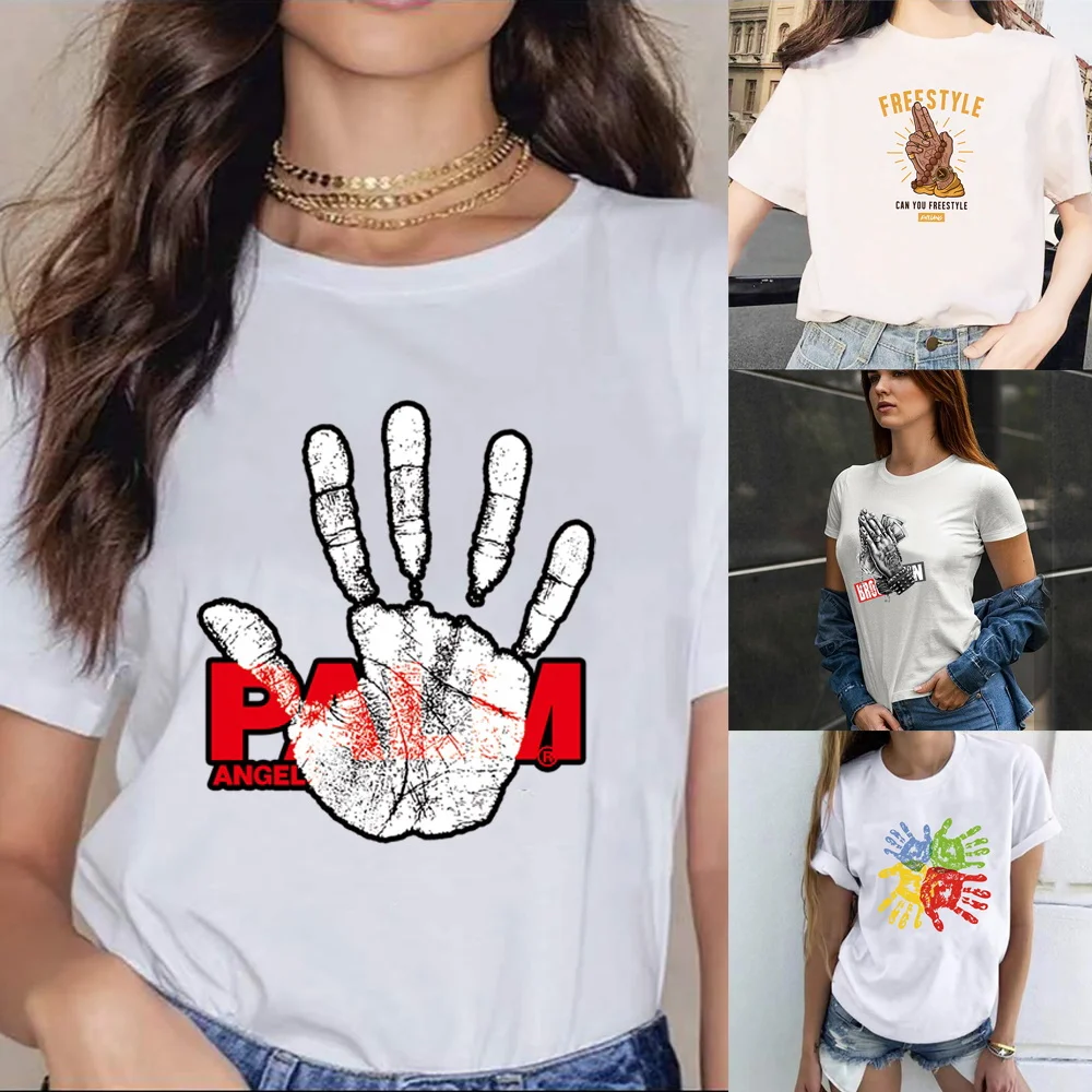 

Hand Print T-Shirt Woman Harajuku Summer Short Sleeve Casual Round Neck Tee Shirt O-neck Elastic Pullover Stretched Commuter Top