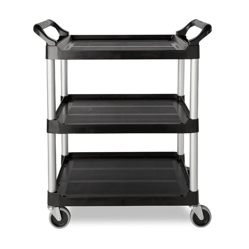 Heavy Duty 3-Shelf Rolling Service/Utility/Push Cart, 200 Lbs. Capacity, Black, for Foodservice/Restaurant/Cleaning/Warehouse