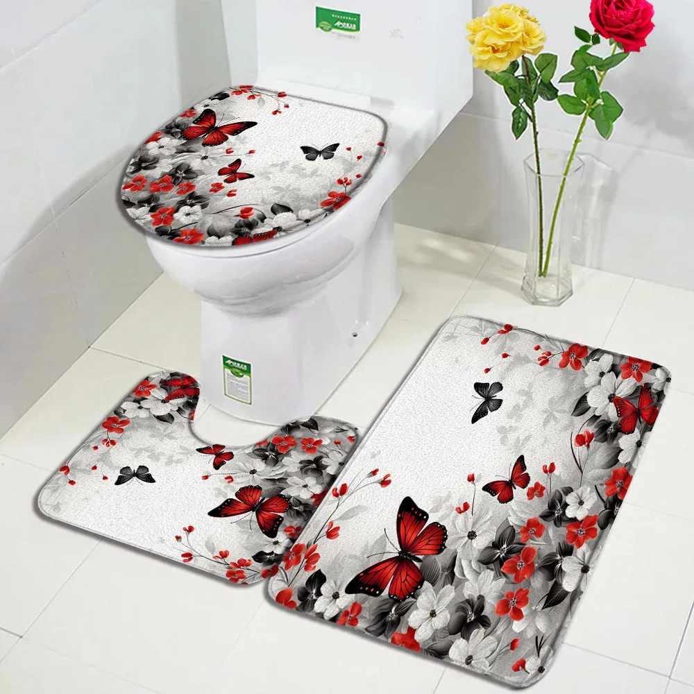 Butterfly Floral Bath Mat Set Black White Red Flowers Plant Butterflies Home Carpet Bathroom Decor Floor Rugs Toilet Lid Cover