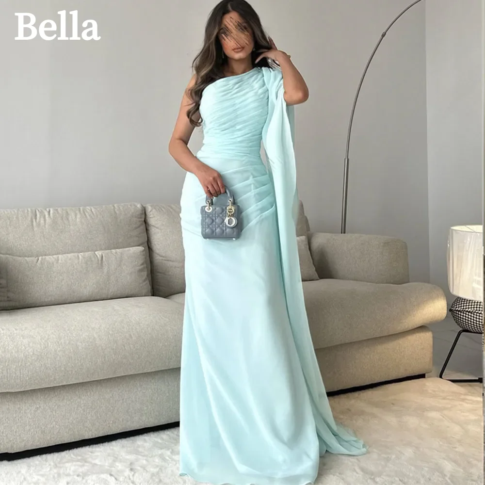 

Bella Mint Green Prom Dresses One Shoulder Mermaid فساتين السهرة Elegant Sleeveless Pleats Long Shawl Chiffon Vestidos De Fiesta