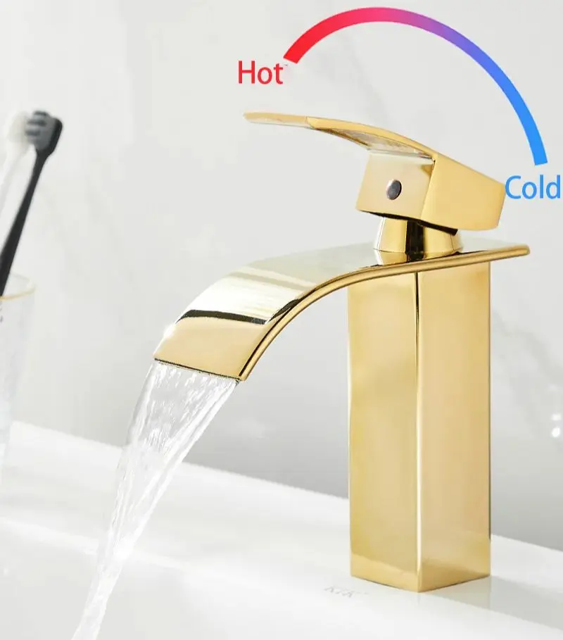 Gold Nordic Waterfall Bathroom Faucet Deck Mount Single Lever Vanity Vessel Sinks Tap Cold And Hot Water Mixer Wash Basin Tap