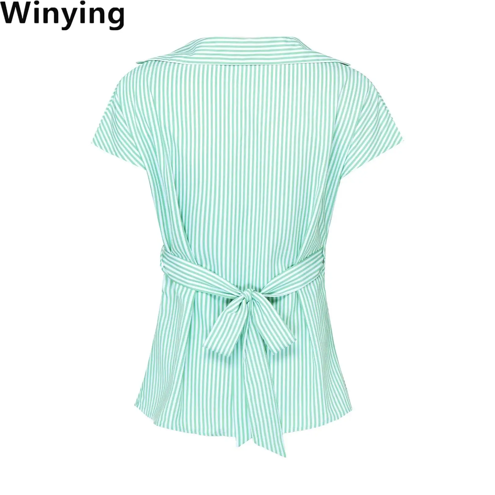 

Women Summer Chic Versatile Striped Blouse Tops Short Sleeve Button Belted Waist Shirt Irregular T-shirt for Office Daily Wear