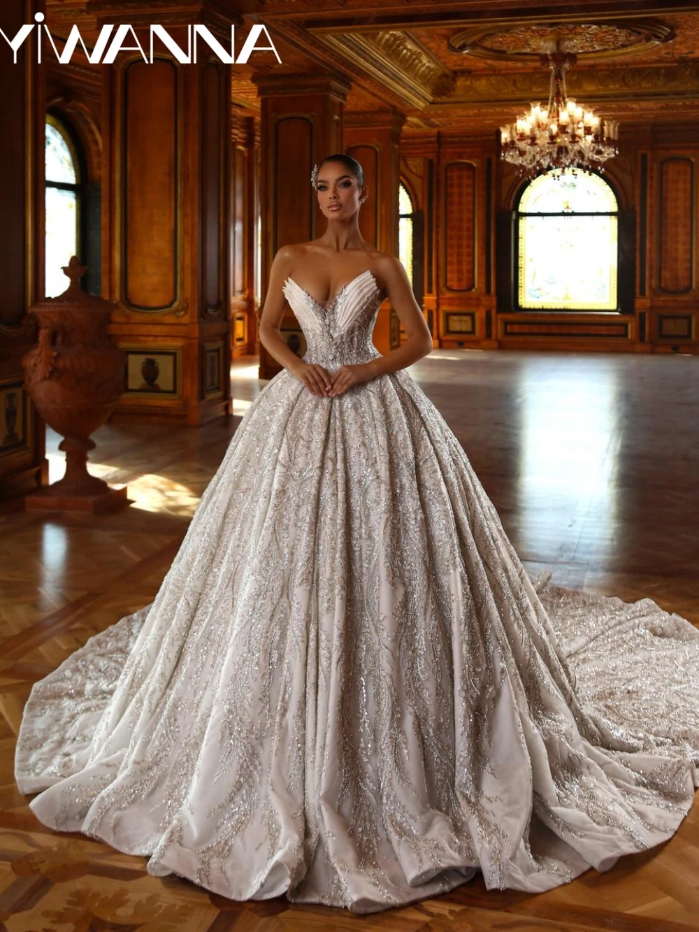 

Silver Luxury Beaded Lace Princess Gown Wedding Dress With Train Sexy Deep V-neck Bridal Gown New Customized Dresses For Bride
