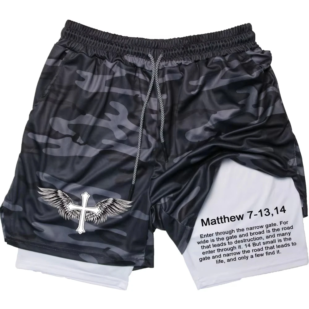 Fashion Men Performance Shorts Bible Printed GYM Casual Sports Compression Shorts Workout Running 2 in 1 Sport Short Pants