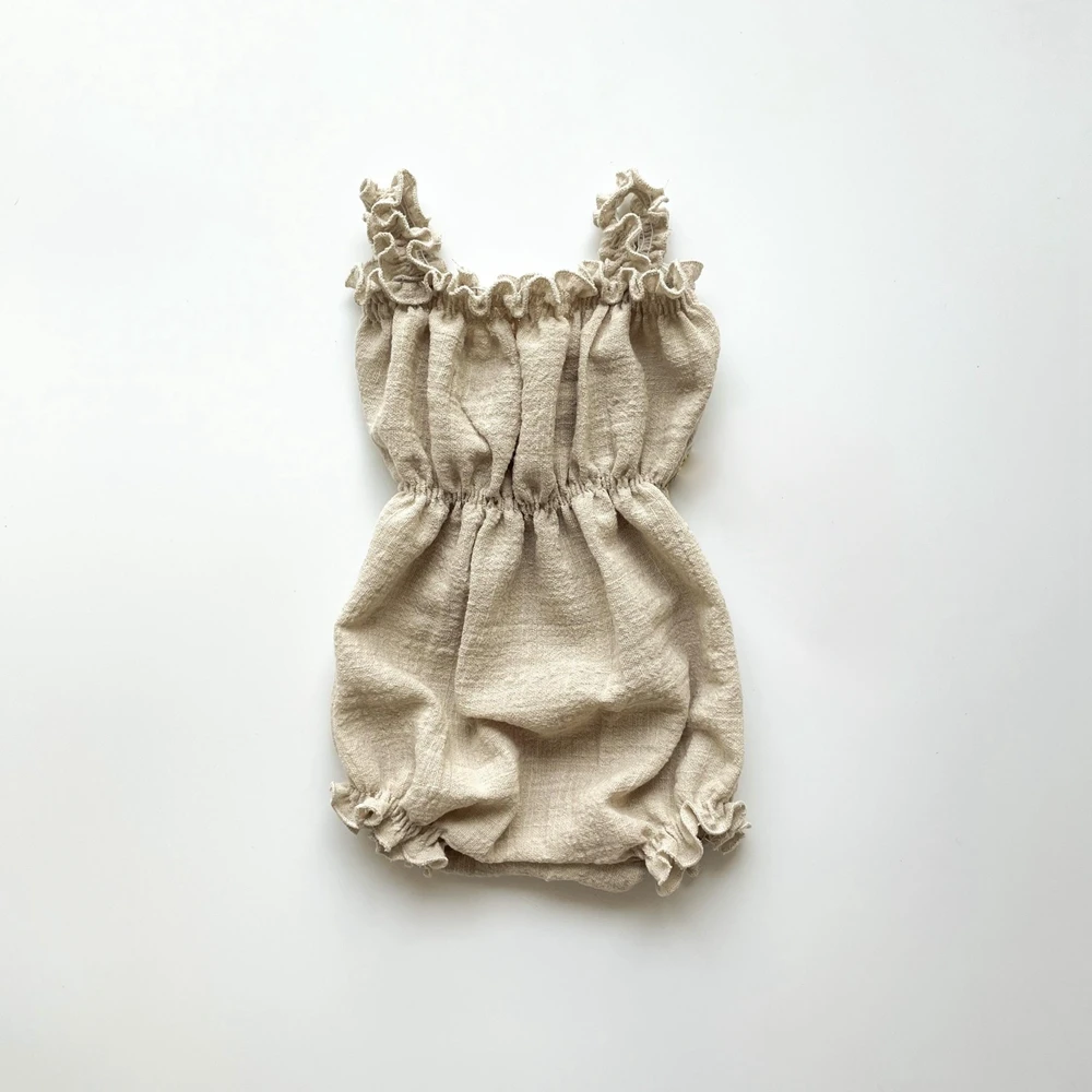 Newborn Photography Props Baby Girl Beige Linen Cotton Off Shoulder Ruffle Puff Sleeve Romper Infant Photo Shoot Outfit