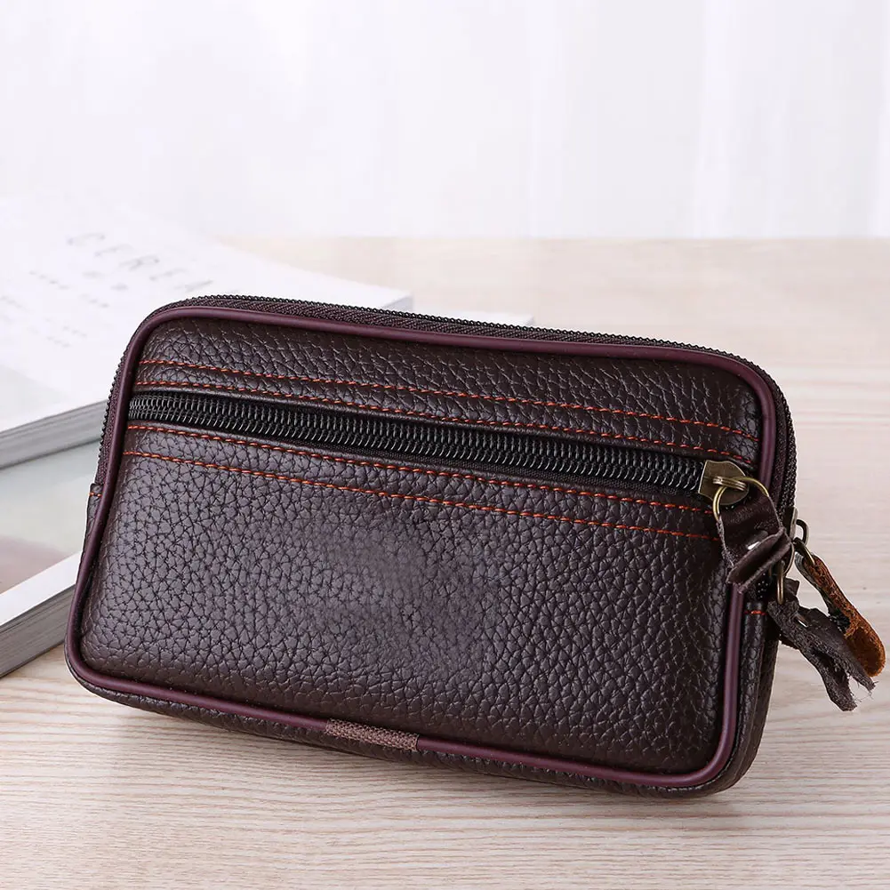 Mobile Waist Bag For Men Women Multifunctional Large Capacity PU Leather Double Layer Zipper Business Wear-resistant Phone Bag