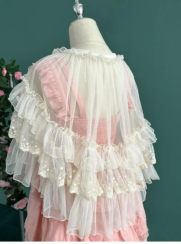 Lolita Short Shawl Coat Women Sweet Kawaii Lace Mesh Open Front Poncho Gothic Girls Retro Cute Princess Capes Outerwear