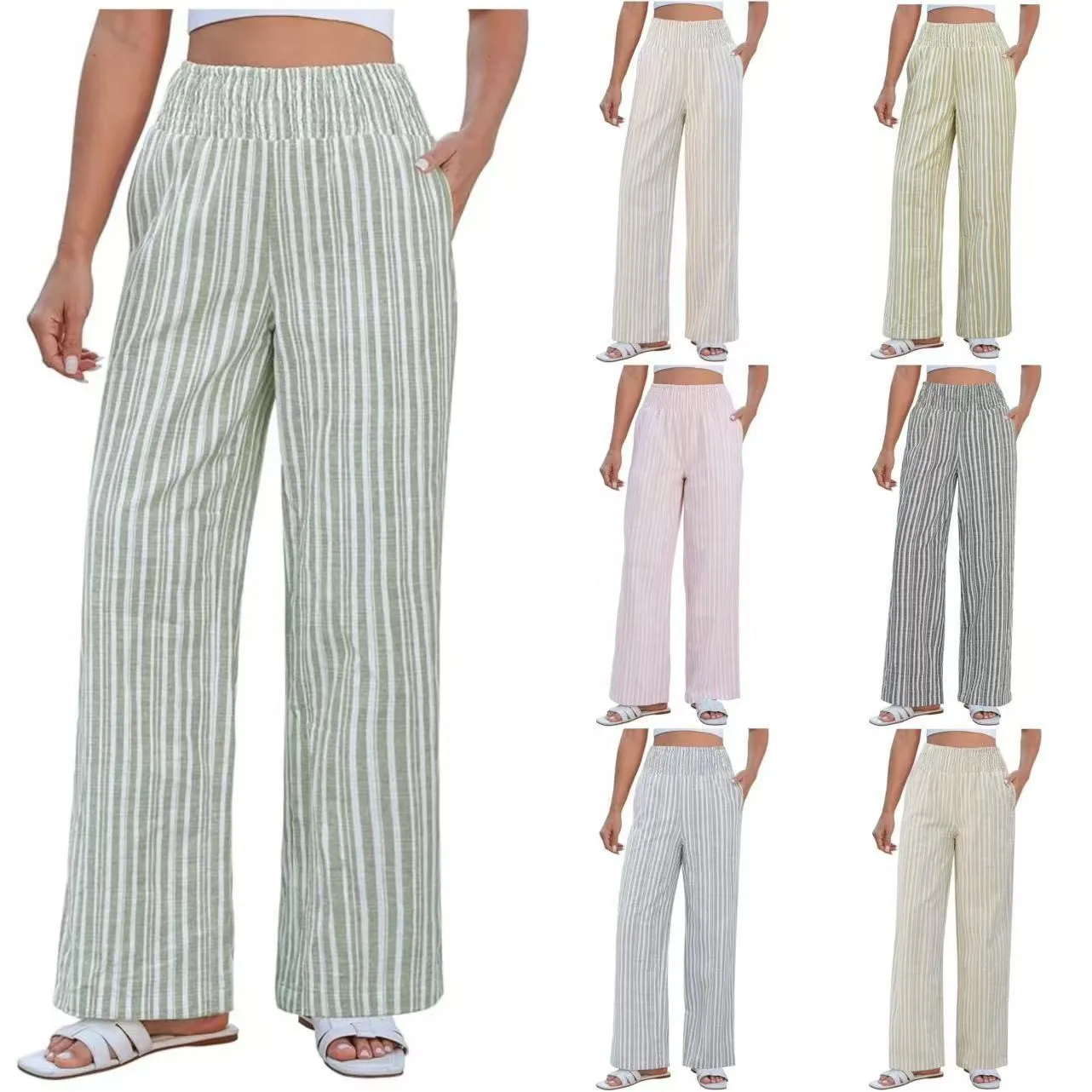 

Women Summer Pants Loose Fit High Waist Baggy Trousers Beige Striped Wide Leg Pants Elastic Waistband Pastel Green Pants