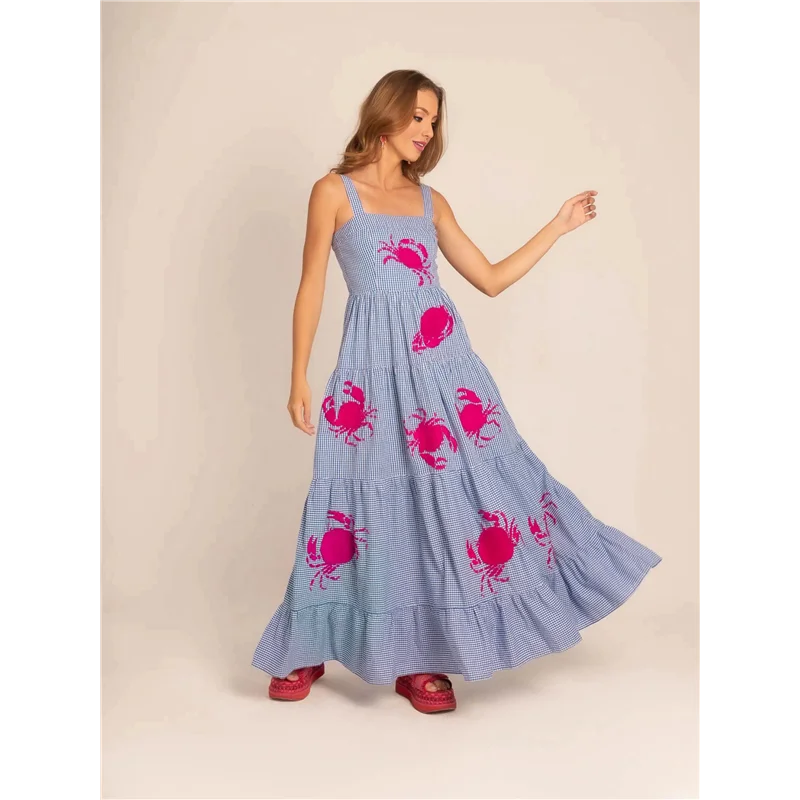 FX-femmes robe Maxi brodée sans manches smockée robe d'été fluide Boho robes longues d'été plage Vocation
