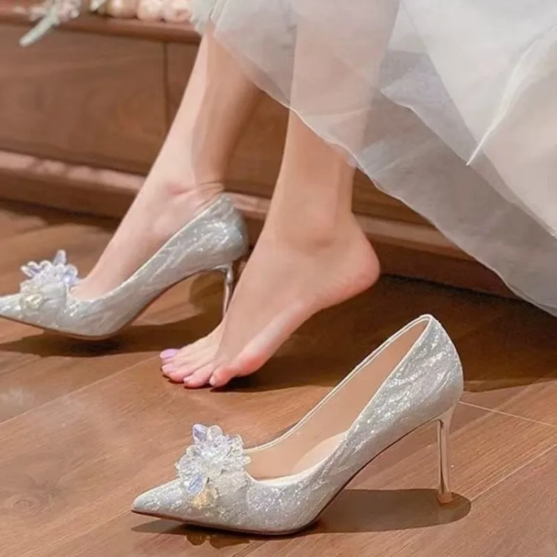 Autumn Rhinestone Stiletto Sneakers Fashion Pointed Toe Slip-on Anti-Slip Wear-Resistant High Heels