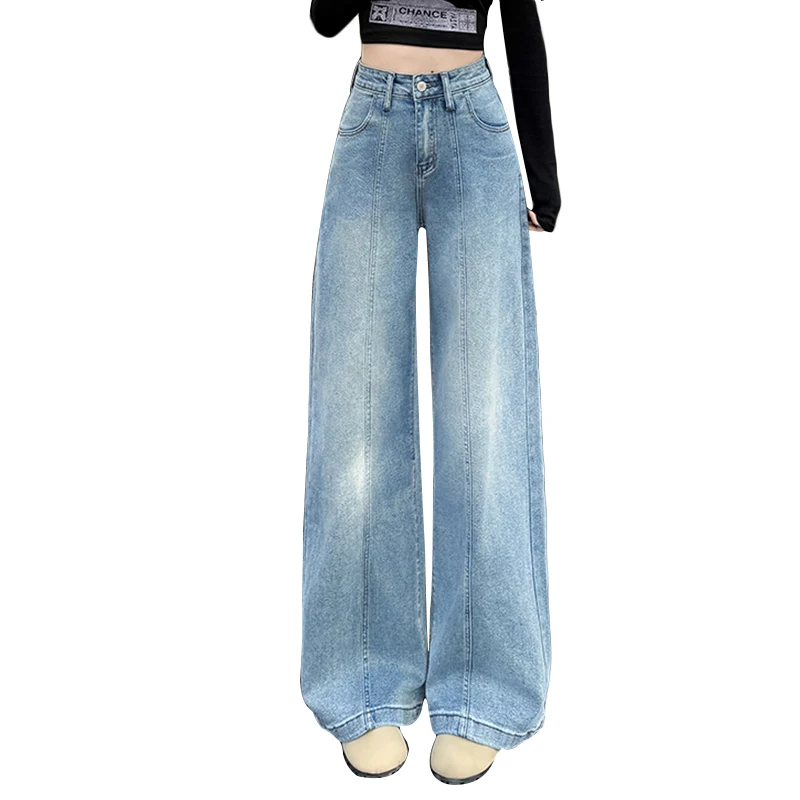 High Waist Wide-leg Jeans for Women Spring Summer Loose Straight Trousers Elastic Korean Clothes Denim Street Wear Capris Pants