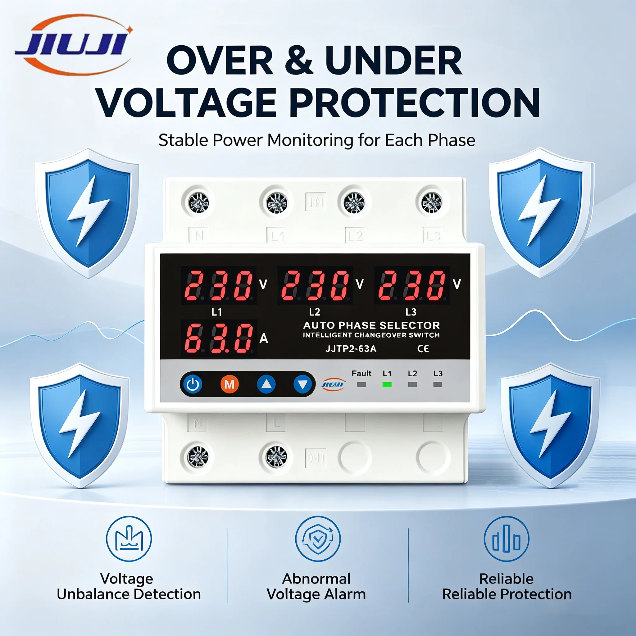 JIUJI Three Phase Adjustable Voltage Current Protector 63/100A Over Undervoltage Ovecurrent Protection Relay with LED Display
