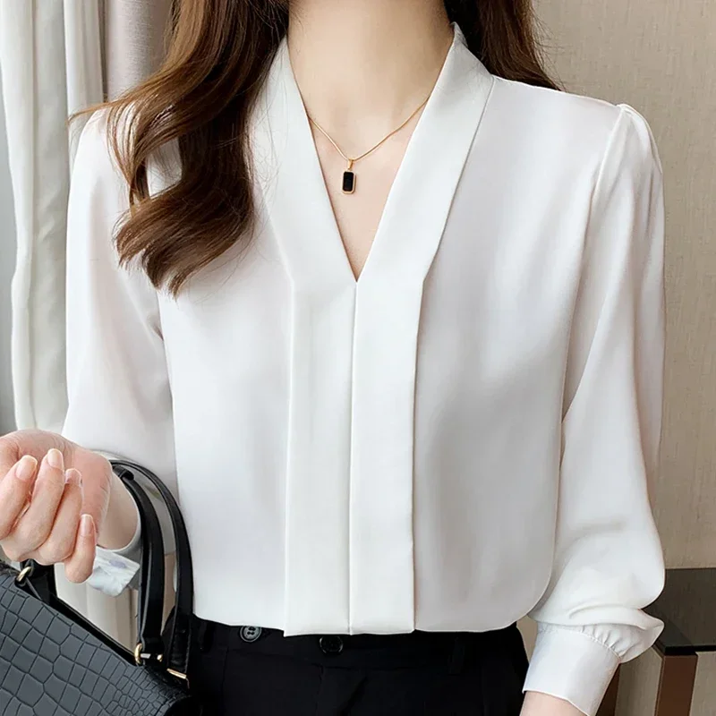 Autumn Long Sleeve White Blouse Women V-Neck Chiffon Blouse Shirt Tops Women Blusas Mujer De Moda 2024 Blouses Femme F162