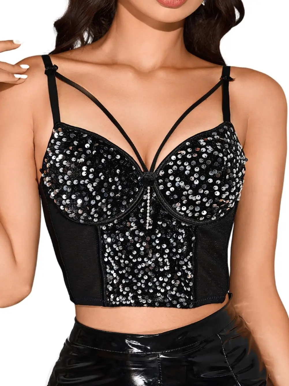 Sequin Tops for Women Party Night,Underwire Padded Velvet Bustier Crop Top,Glitter Concert Outfits Club Date