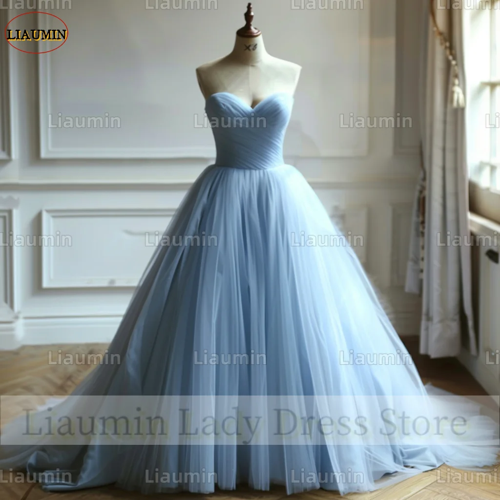 Classic Simple Sky Blue Tulle Black Strapless Ball Gown Prom Formal Dresses Evening Party Lace Up Back Custom Hand Made A4-1