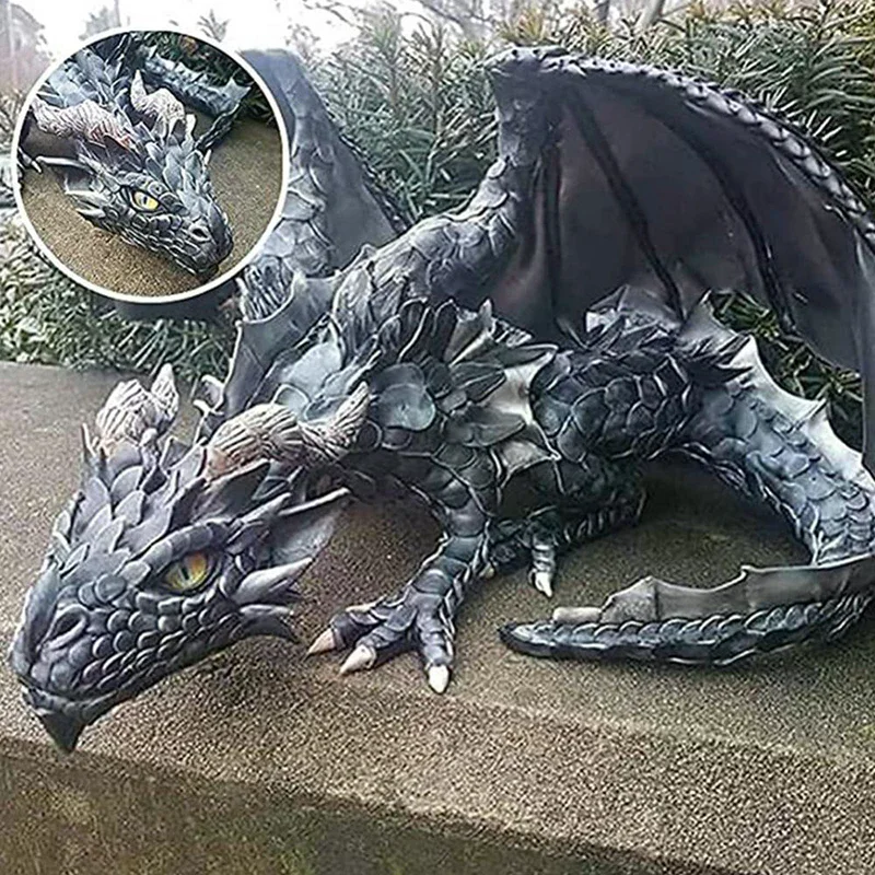 Decor Garden Big Squatting Dragon Sculpture Guardian Statue Garden Dragon Sculpture Halloween Outdoor Gothic