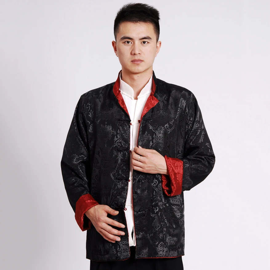 

Double Sides Tang Coat Men Mandarin Collar Tops Vintage Hand Button Jacket Long Sleeve Kong Fu Clothing Male Satin Top