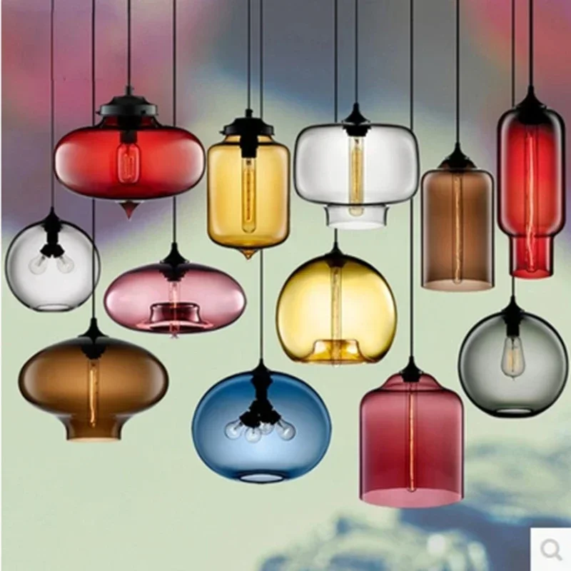 Nordic Creative Loft Pendant Lamps 7 Colors Glass Chandelier Industrial Hanging Lighting Fixtures E27/E26 for Kitchen Restaurant