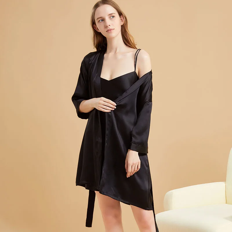 

19MM Heavy Silk Cardigan Robe Nightgown Set with Belt 100% Mulberry Silk Sling Dress & Short Bathrobe 2 Pieces Kimono Sleepwear