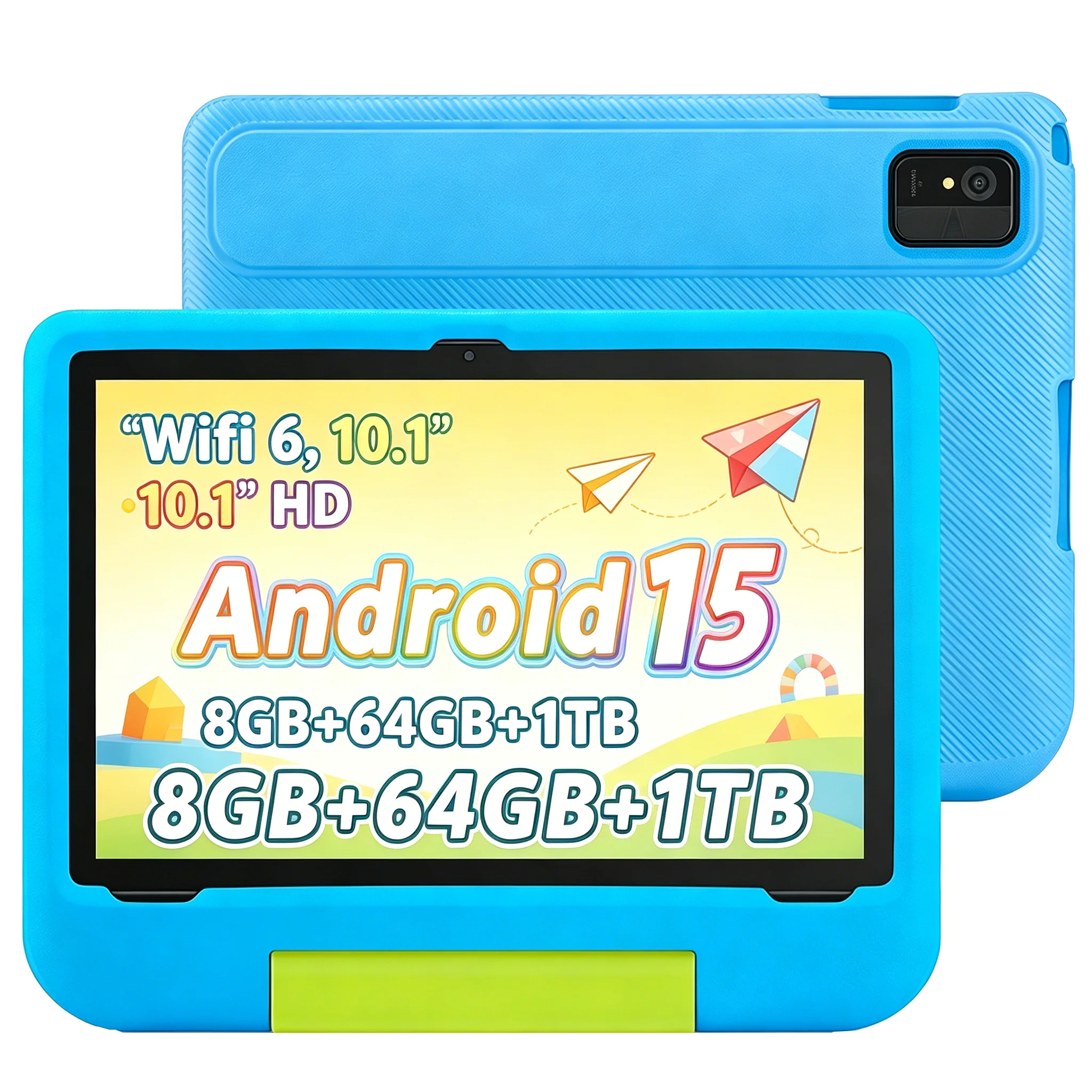 Paitanry Kids Tablet 10.1" HD IPS Screen Android 15 8+64GB Octa-core WiFi 6 5000mAh Drop-proof Cover with Adjustable Stand
