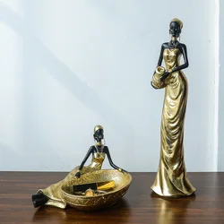 African Black Woman Figurines Golden African Figure Sculpture Storage Ornaments Home Decor Living Room Table Key Candy Container