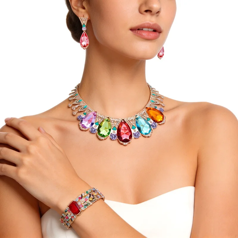 

Designer Luxury Style Earrings Bracelet Necklace Inlay Colorful Drop Shape Cubic Zircon Synthetic Ruby Enamel Party Jewelry Sets