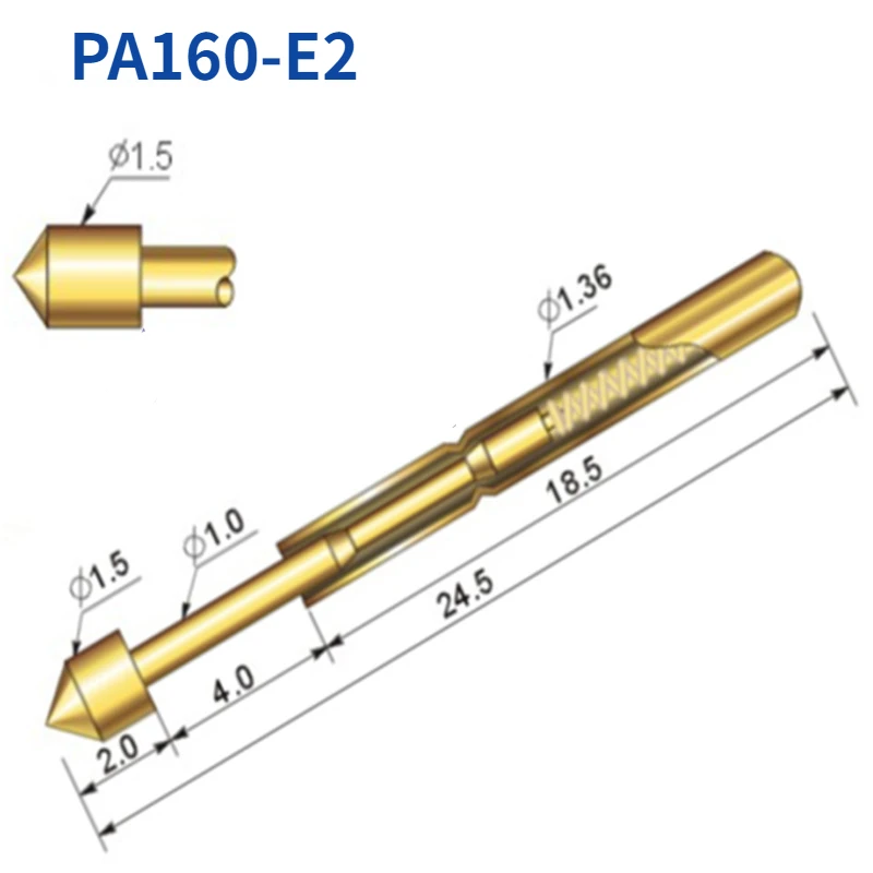 

100PCS/package Gold Plating PA160-E2 Conical Spring Test Pin Outer Diameter 1.36mm Length 24.5mm PCB Probe