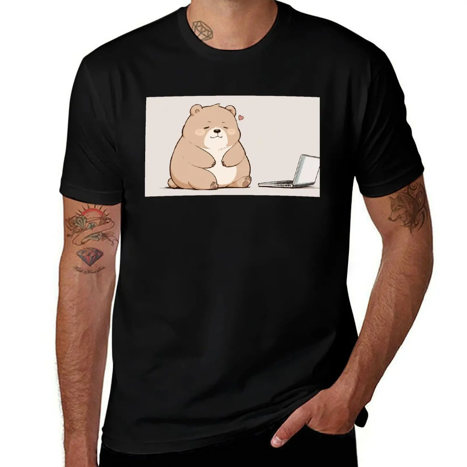 

Cute Chubby Bear in Love with Laptop – Minimalist Kawaii Art T-Shirt topping cotton man t-shirts tees men clothing